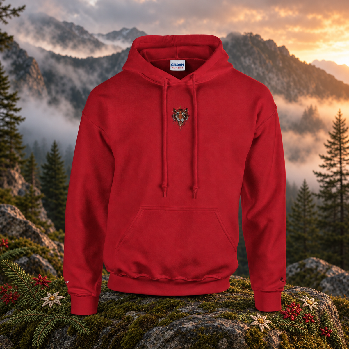 Tiger (虎 - Hǔ) — original product design in a realistic scene with embroidered environmental details.