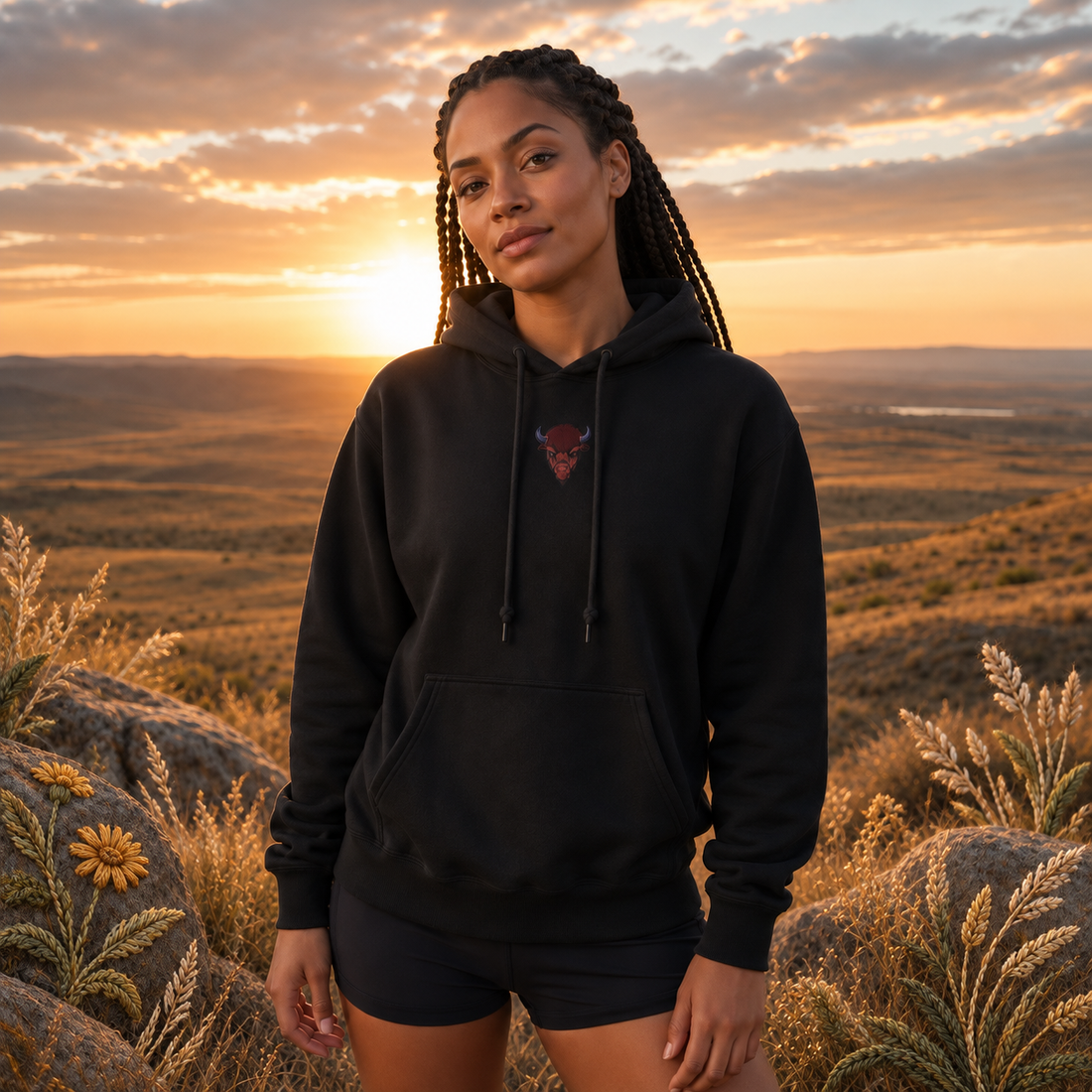Bison Hoodie in Black – Bright Future product image — realistic model in an embroidered nature scene.