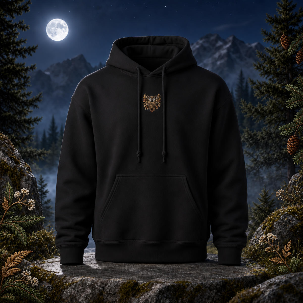 Owl Hoodie – Wisdom, Intuition & Mystery in Black – Bright Future product image — original product in a realistic nature scene with embroidered environmental details.