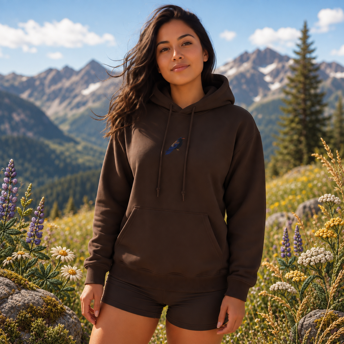 Blackbird Hoodie in Dark Chocolate – Bright Future product image — realistic model in an embroidered nature scene.