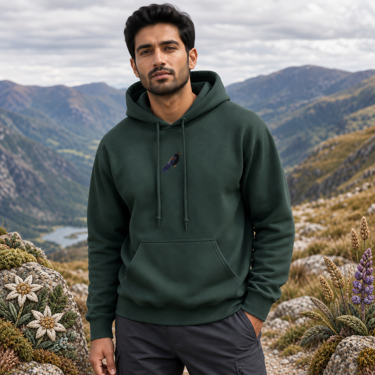 Blackbird Hoodie in Forest Green – Bright Future product image — realistic model in an embroidered nature scene.