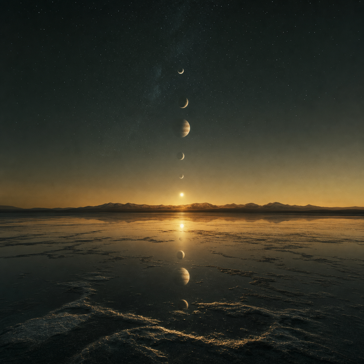Planets feature — celestial alignment reflected on a salt flat