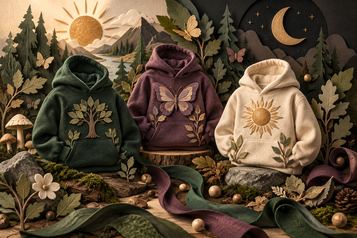 3D-style artwork of forest-green, plum and cream hoodie sculptures among paper-cut trees, butterflies, a golden sun and moon.