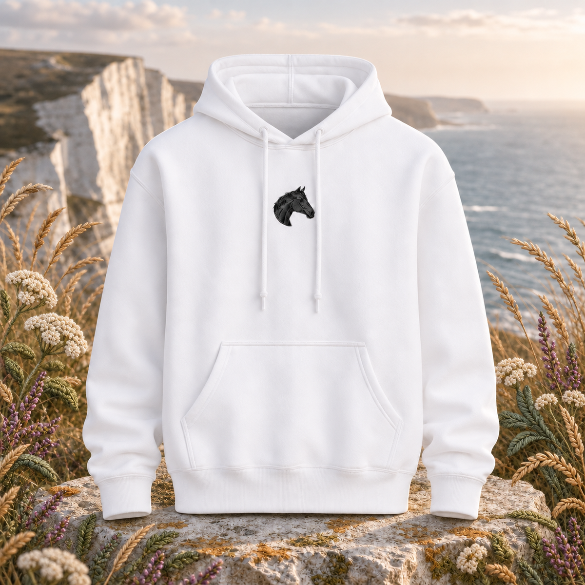 Horse Hoodie – Freedom, Spirit & Strength – Bright Future product image — original product in a realistic nature scene with embroidered environmental details.