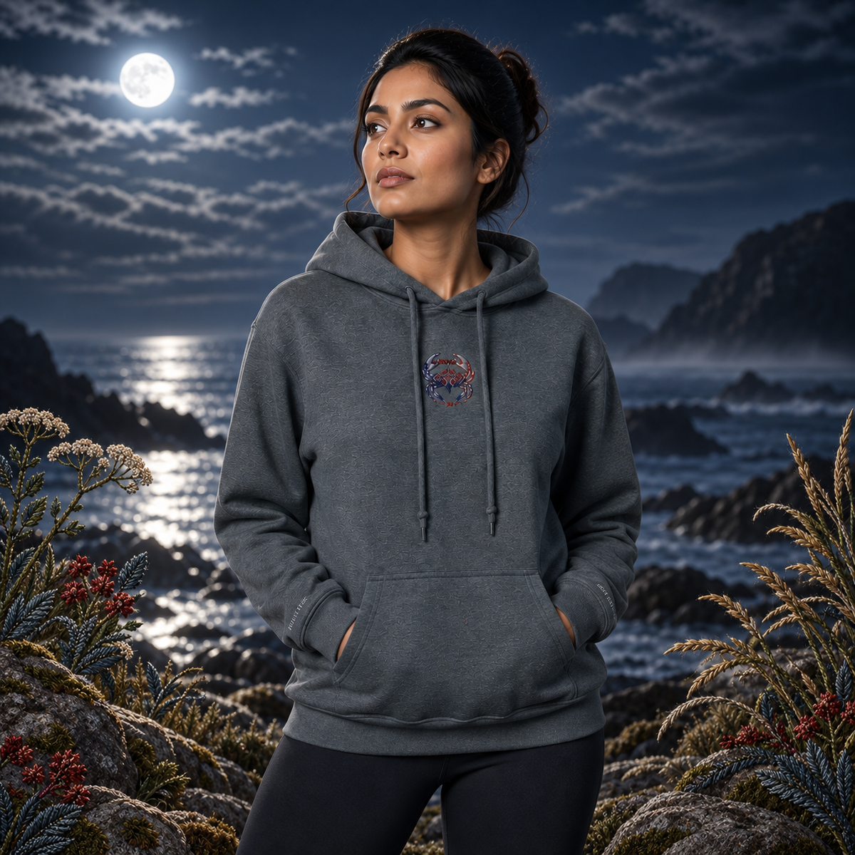 Cancer Zodiac Hoodie in Graphite Heather – Bright Future product image — realistic model in an embroidered nature scene.