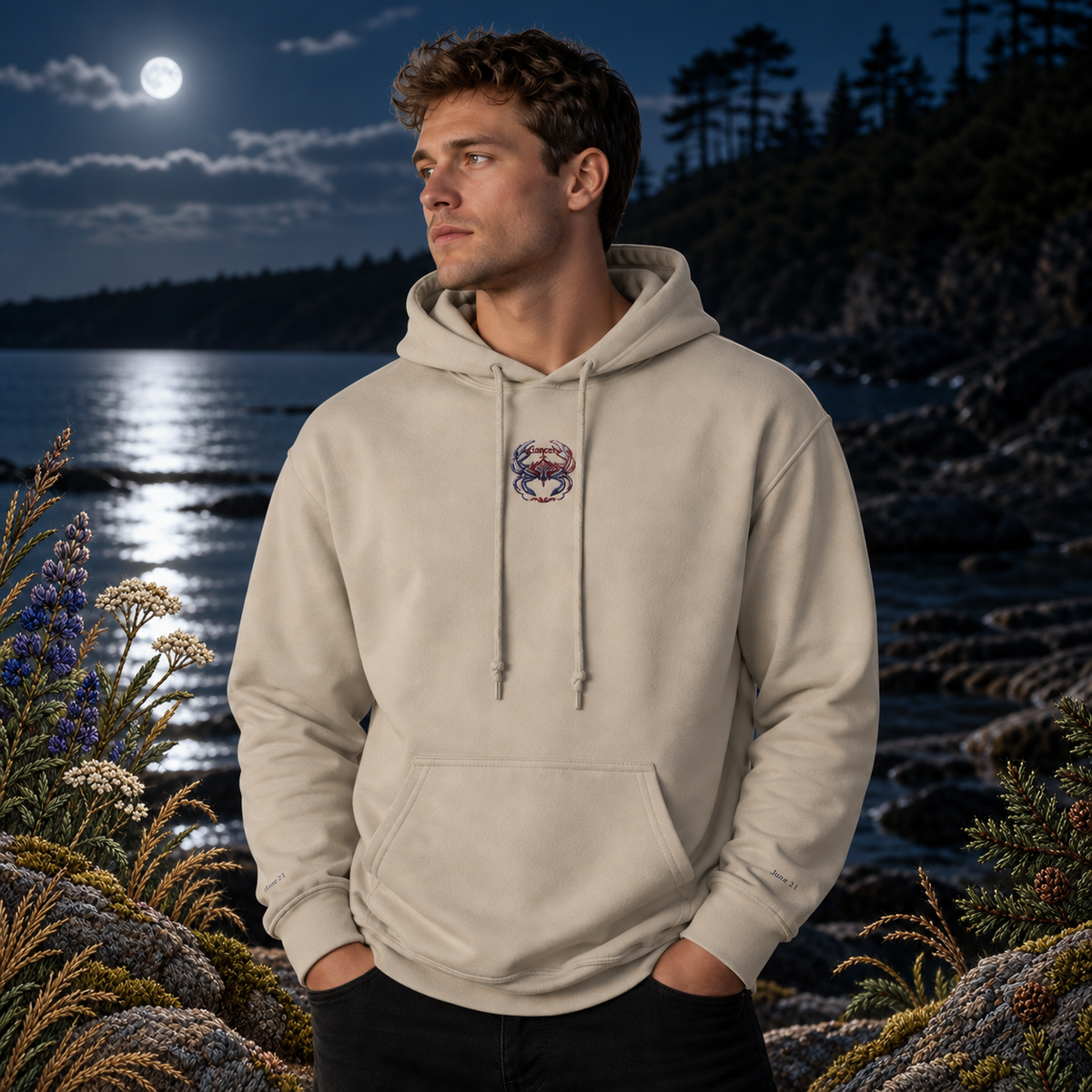 Cancer Zodiac Hoodie in Sand – Bright Future product image — realistic model in an embroidered nature scene.