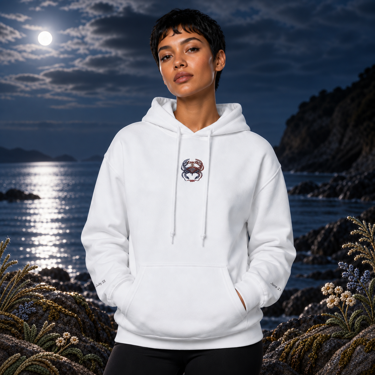 Cancer Zodiac Hoodie in White – Bright Future product image — realistic model in an embroidered nature scene.