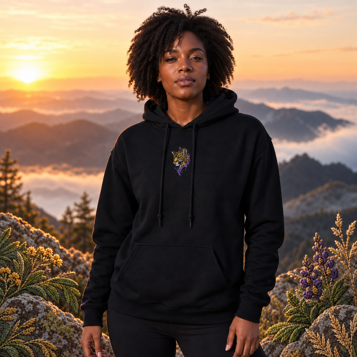 Cheetah Hoodie – Speed, Focus & Precision in Black – Bright Future product image — realistic model in an embroidered nature scene.