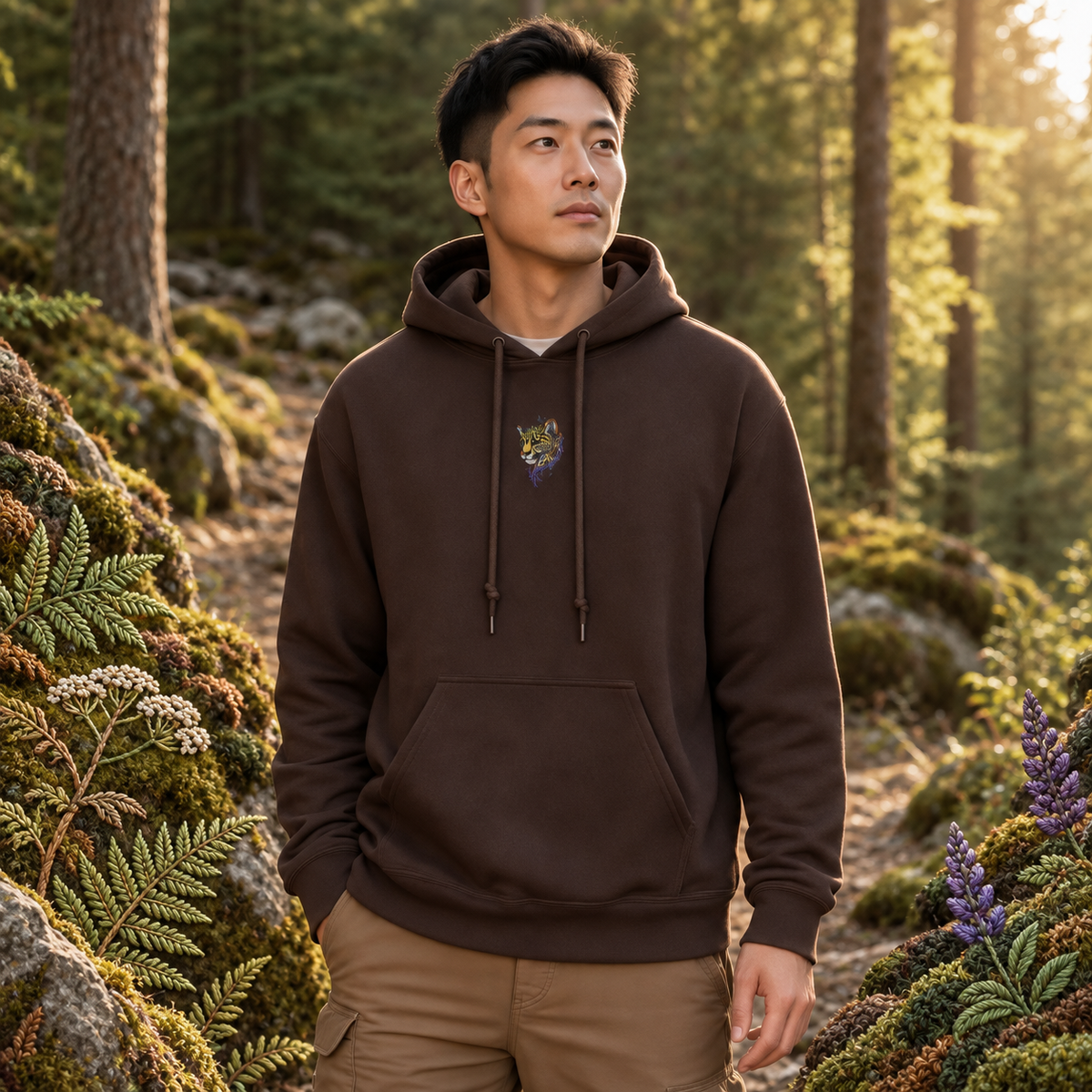 Cheetah Hoodie – Speed, Focus & Precision in Dark Chocolate – Bright Future product image — realistic model in an embroidered nature scene.