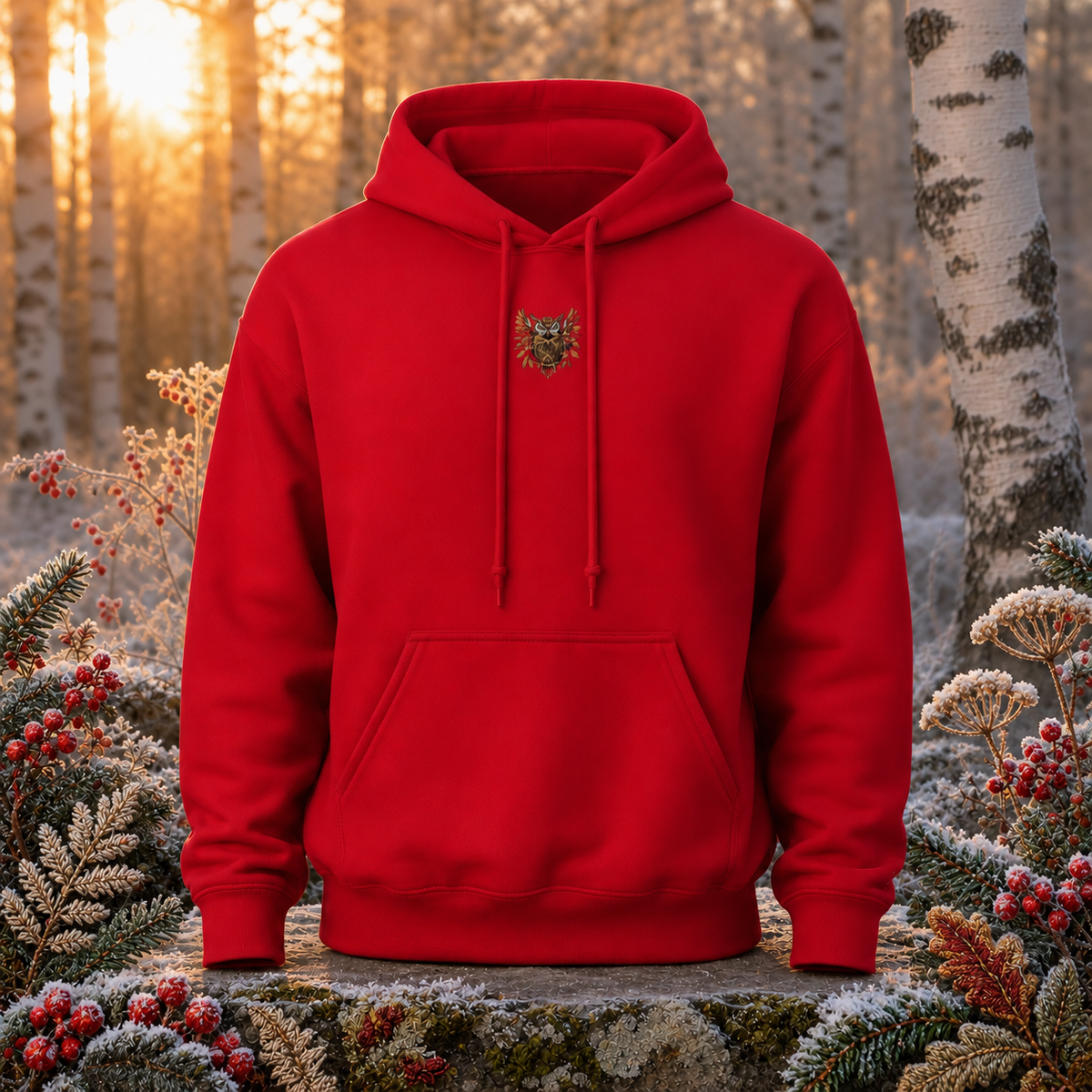 Owl Hoodie – Wisdom, Intuition & Mystery in Cherry Red – Bright Future product image — original product in a realistic nature scene with embroidered environmental details.