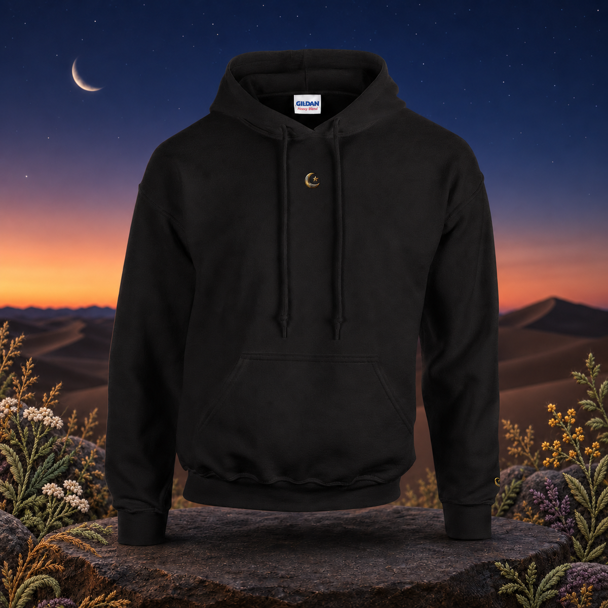 Crescent & Star Symbol Hoodie in Black – Bright Future product image — original product in a realistic nature scene with embroidered environmental details.