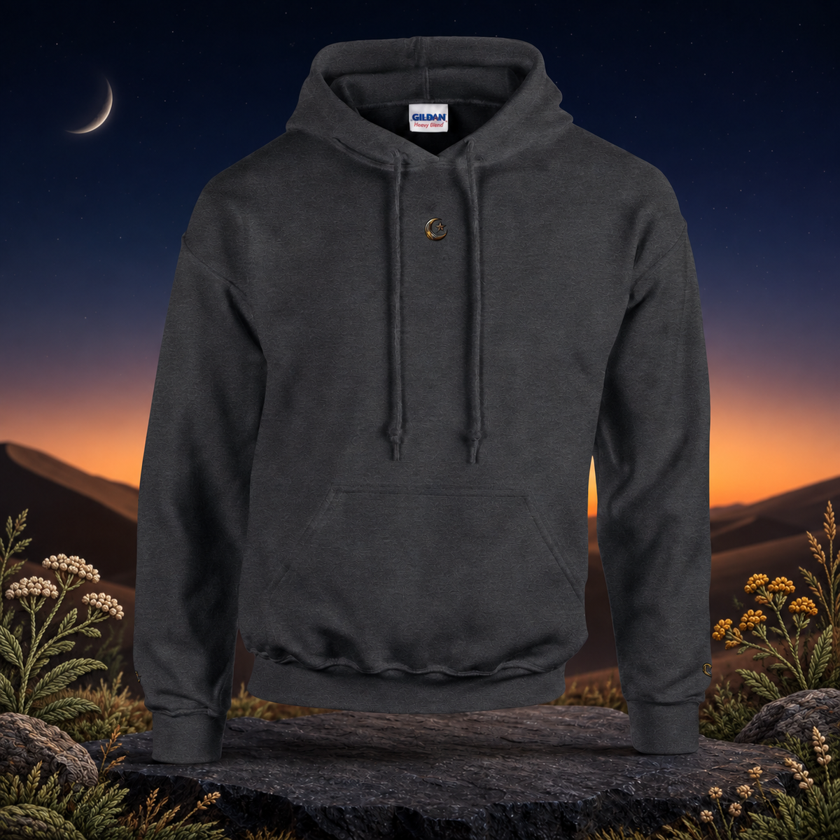 Crescent & Star Symbol Hoodie in Dark Heather – Bright Future product image — original product in a realistic nature scene with embroidered environmental details.