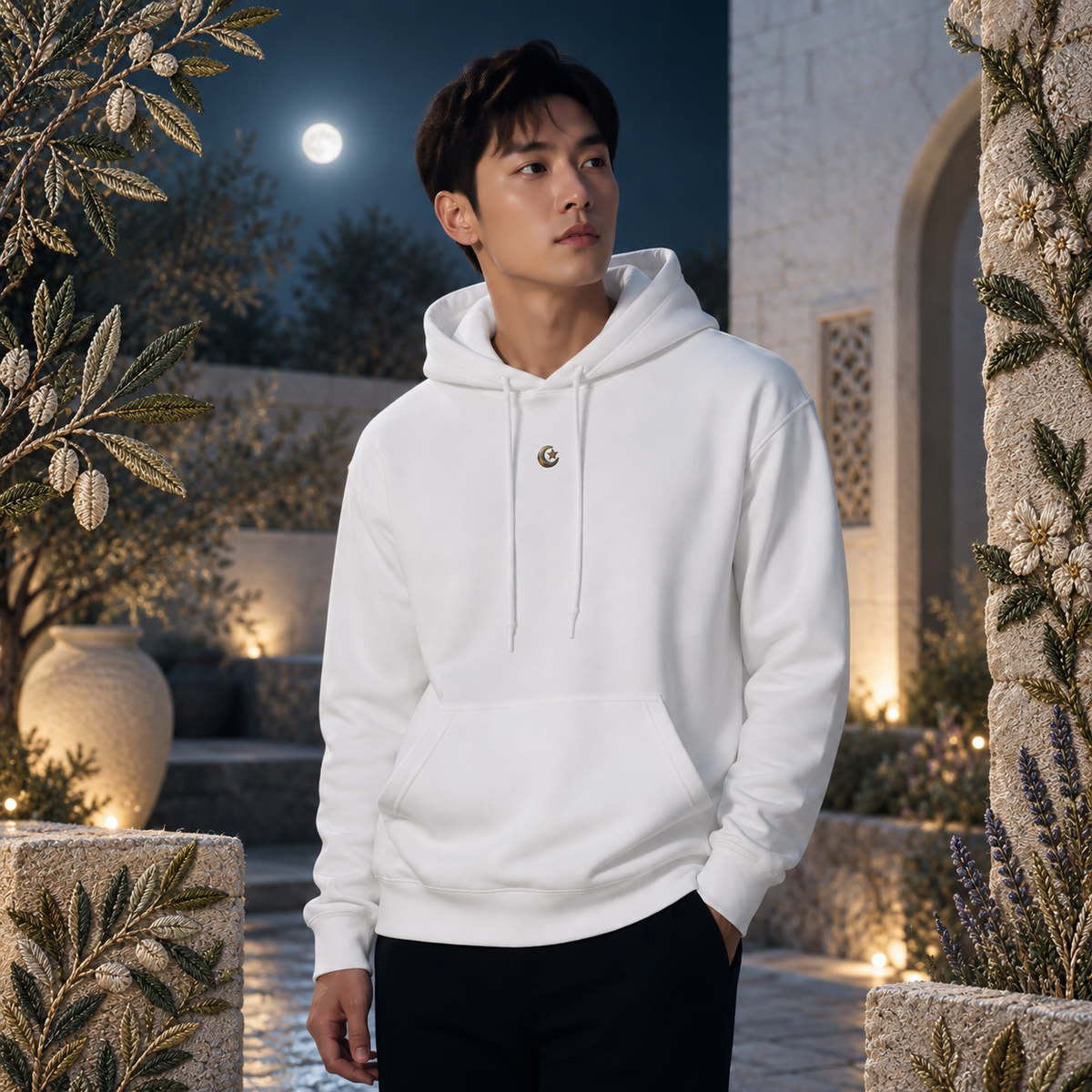 Crescent & Star Symbol Hoodie in White – Bright Future product image — realistic model in an embroidered nature scene.