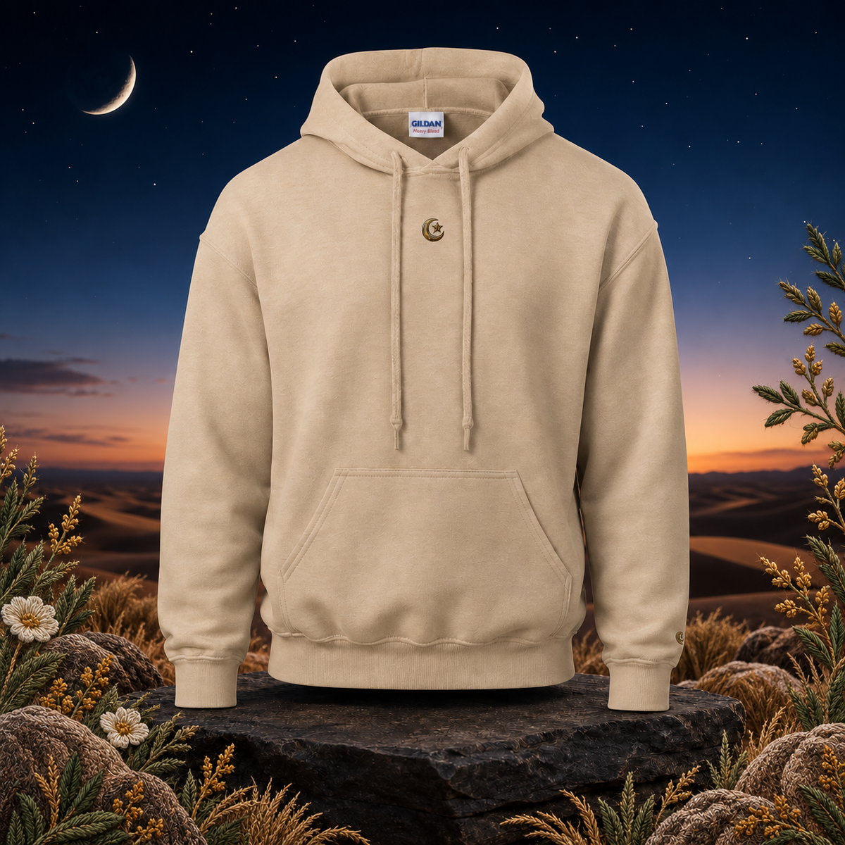 Crescent & Star Symbol Hoodie in Sand – Bright Future product image — original product in a realistic nature scene with embroidered environmental details.