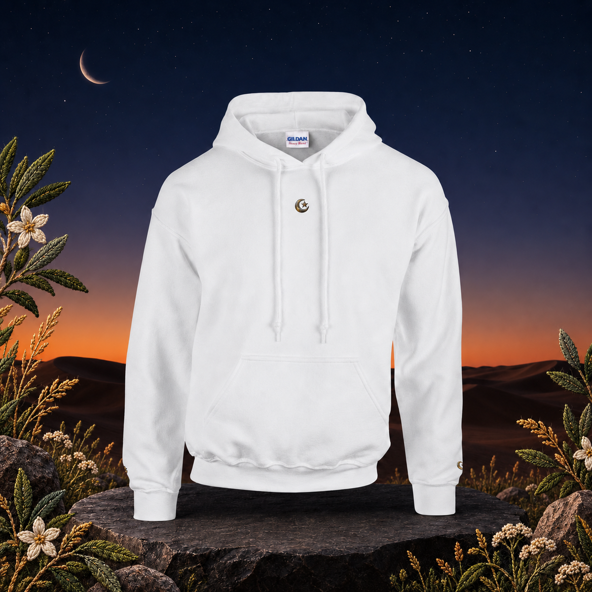 Crescent & Star Symbol Hoodie in White – Bright Future product image — original product in a realistic nature scene with embroidered environmental details.