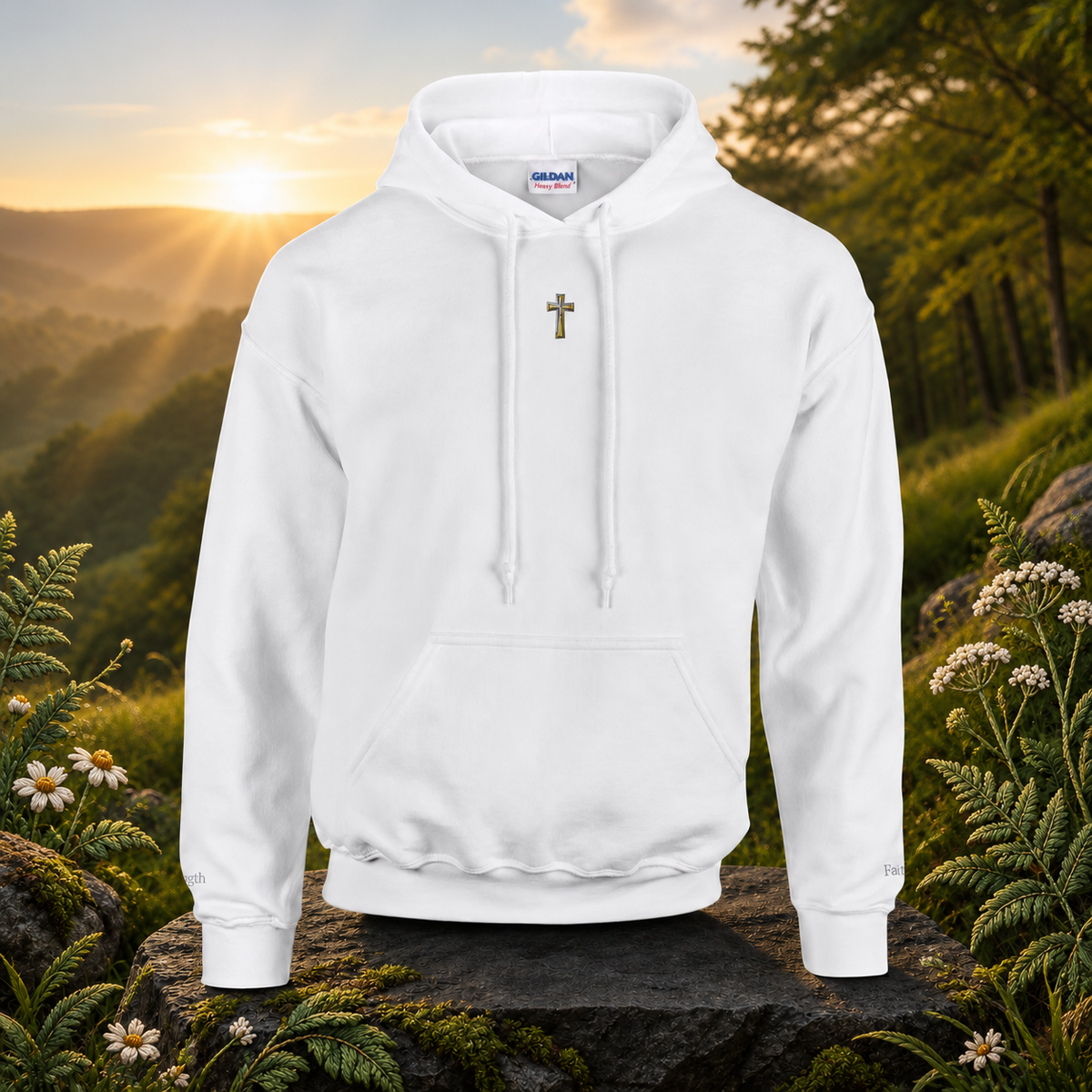 Cross Symbol Hoodie in White – Bright Future product image — original product in a realistic nature scene with embroidered environmental details.