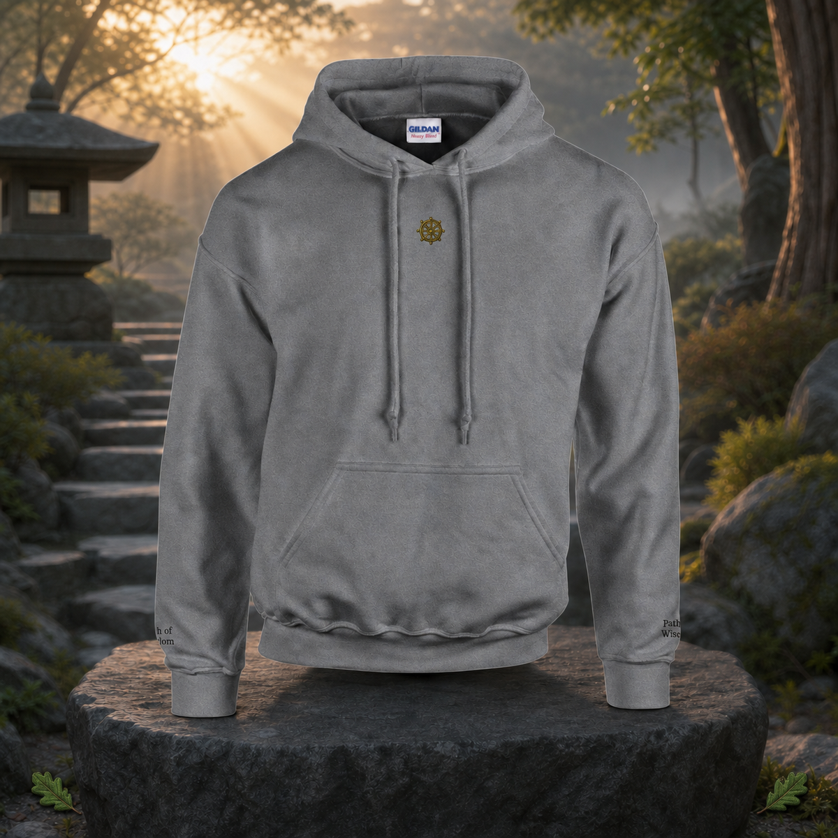 Dharma Wheel Symbol Hoodie in Graphite Heather – Bright Future product image — original product in a realistic nature scene with embroidered environmental details.