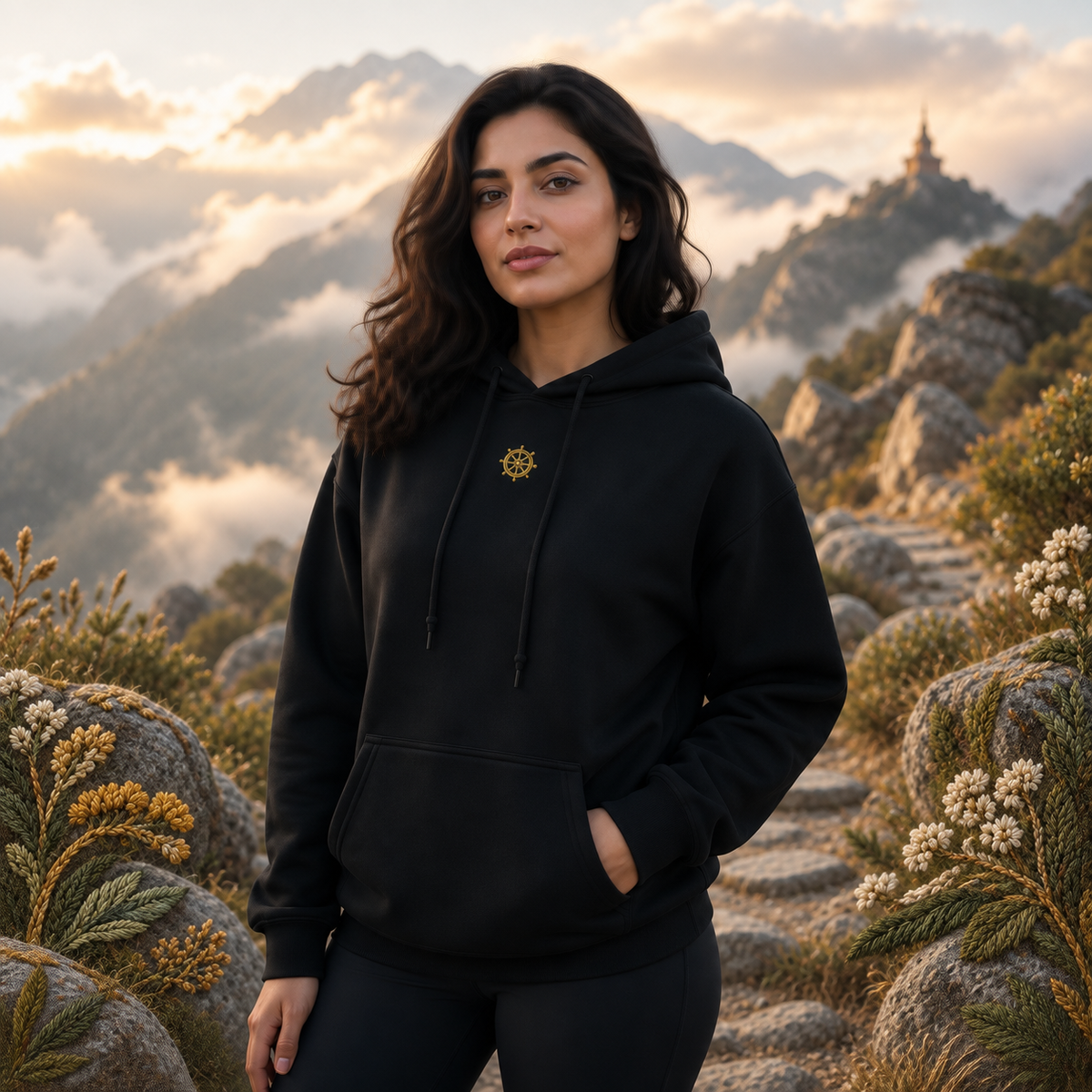 Dharma Wheel Symbol Hoodie in Black – Bright Future product image — realistic model in an embroidered nature scene.