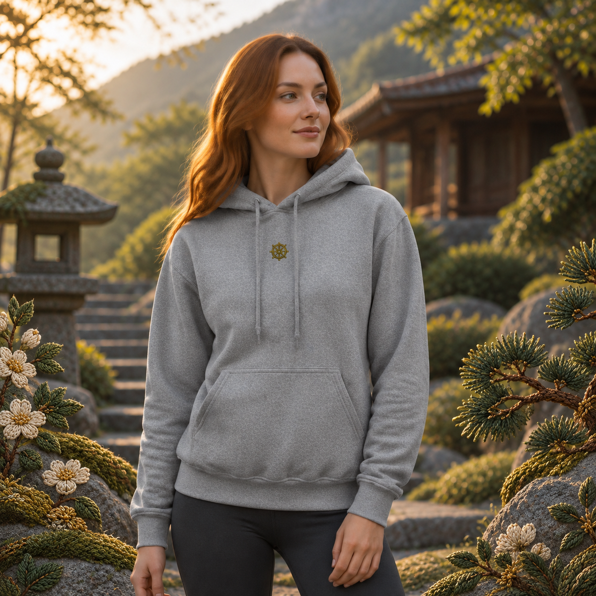 Dharma Wheel Symbol Hoodie in Graphite Heather – Bright Future product image — realistic model in an embroidered nature scene.