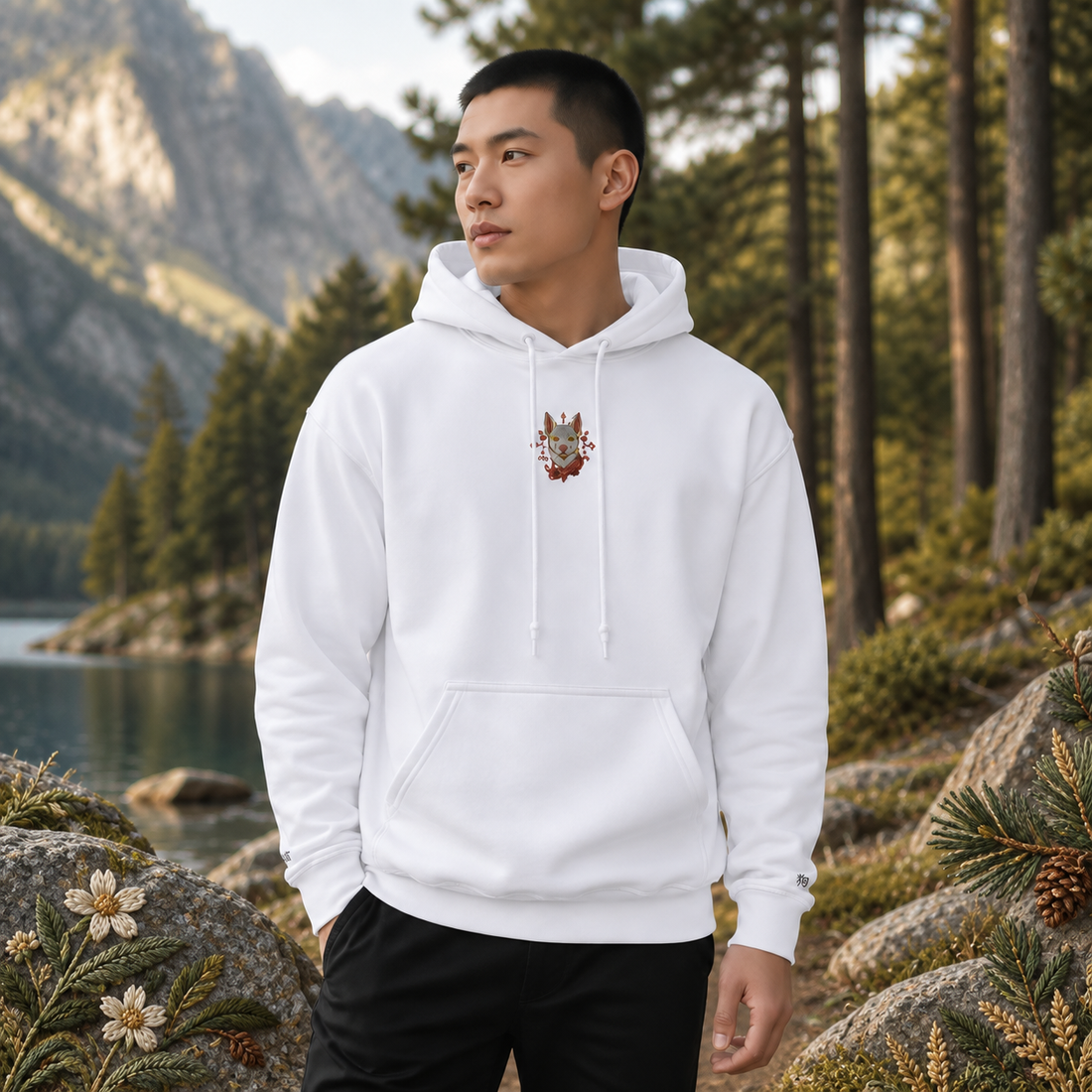 Dog Chinese Zodiac Hoodie in White – Bright Future product image — realistic model in an embroidered nature scene.