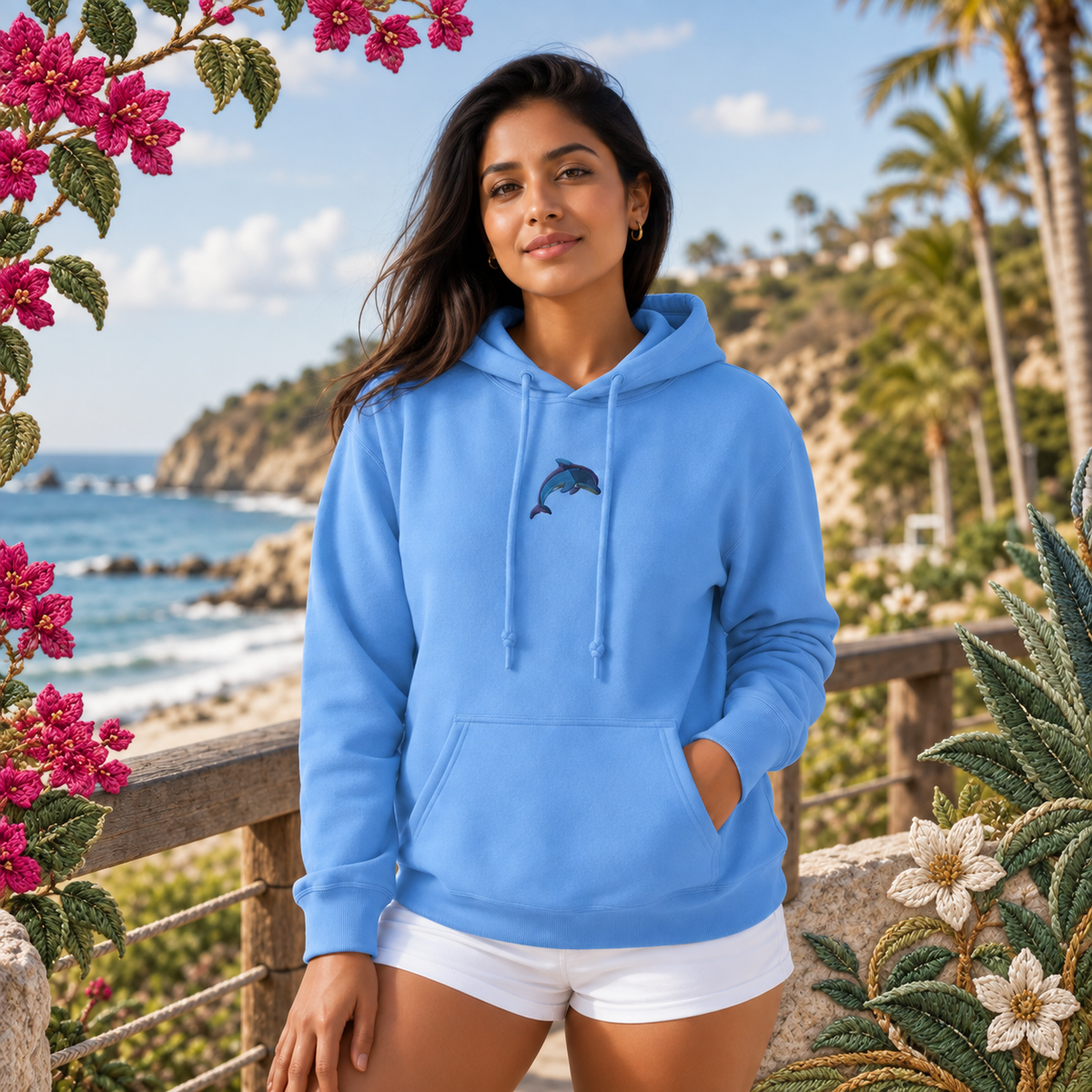 Dolphin Hoodie – Joy, Harmony & Intelligence in Carolina Blue – Bright Future product image — realistic model in an embroidered nature scene.