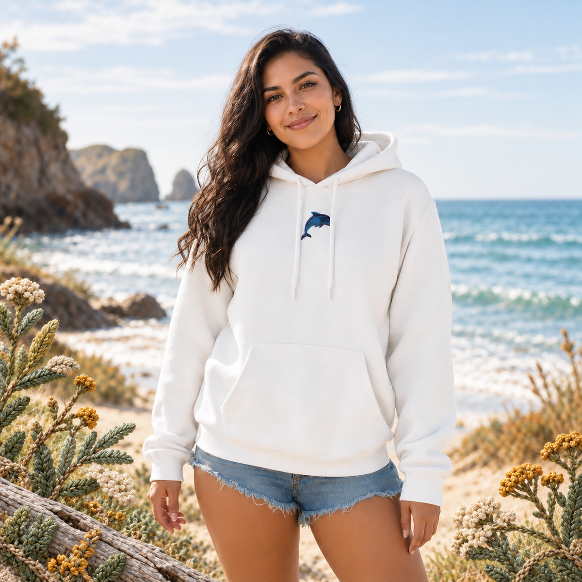 Dolphin Hoodie – Joy, Harmony & Intelligence in White – Bright Future product image — realistic model in an embroidered nature scene.