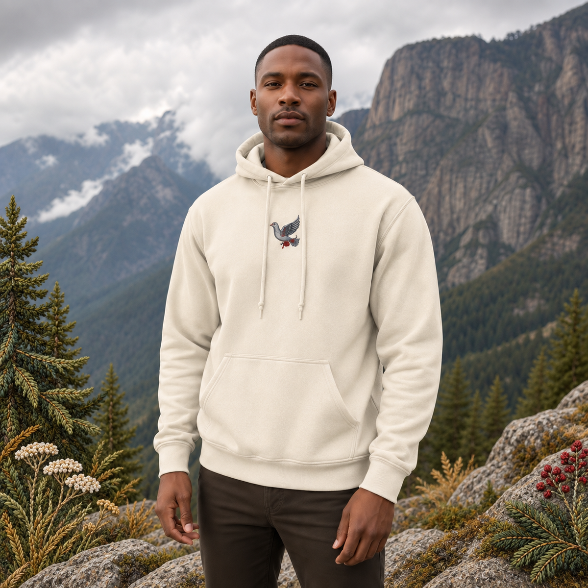 Dove Hoodie – Peace, Love & Divine Guidance in Sand – Bright Future product image — realistic model in an embroidered nature scene.