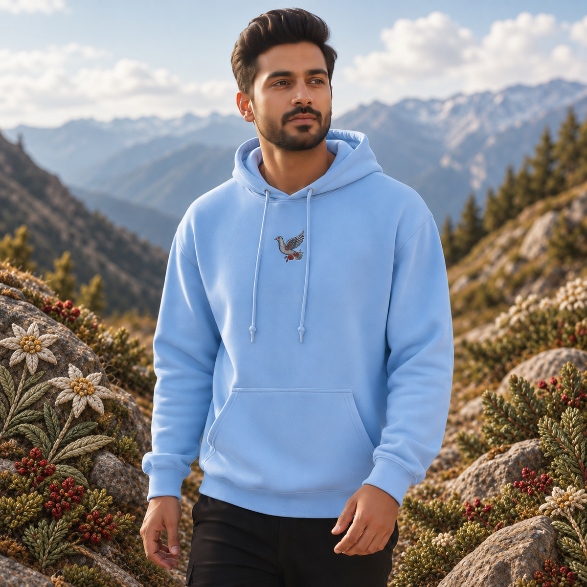 Dove Hoodie – Peace, Love & Divine Guidance in Carolina Blue – Bright Future product image — realistic model in an embroidered nature scene.