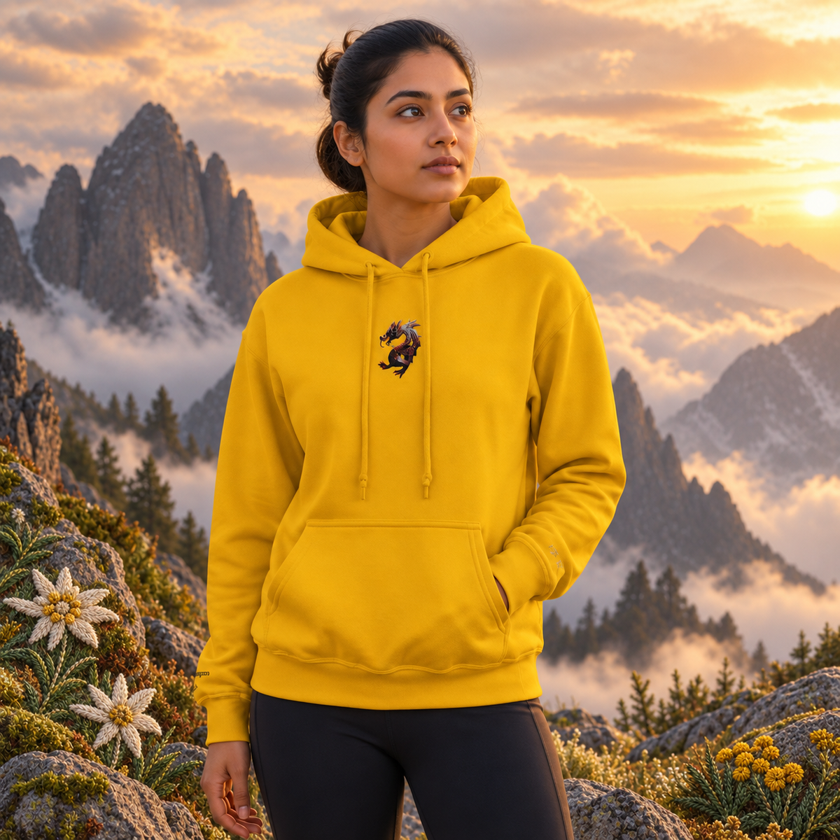 Dragon Chinese Zodiac Hoodie in Gold – Bright Future product image — realistic model in an embroidered nature scene.