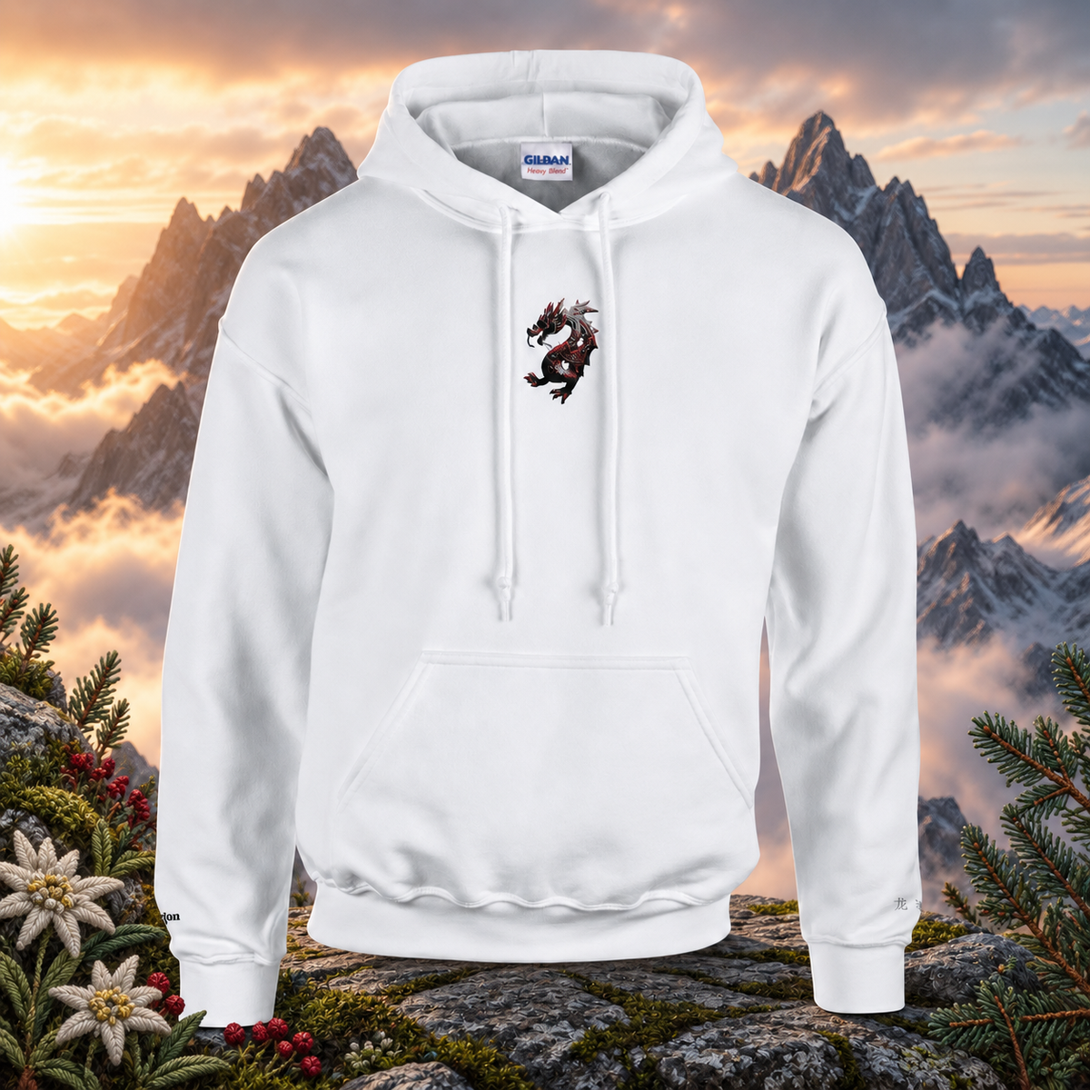 Dragon Chinese Zodiac Hoodie in White – Bright Future product image — original product in a realistic nature scene with embroidered environmental details.