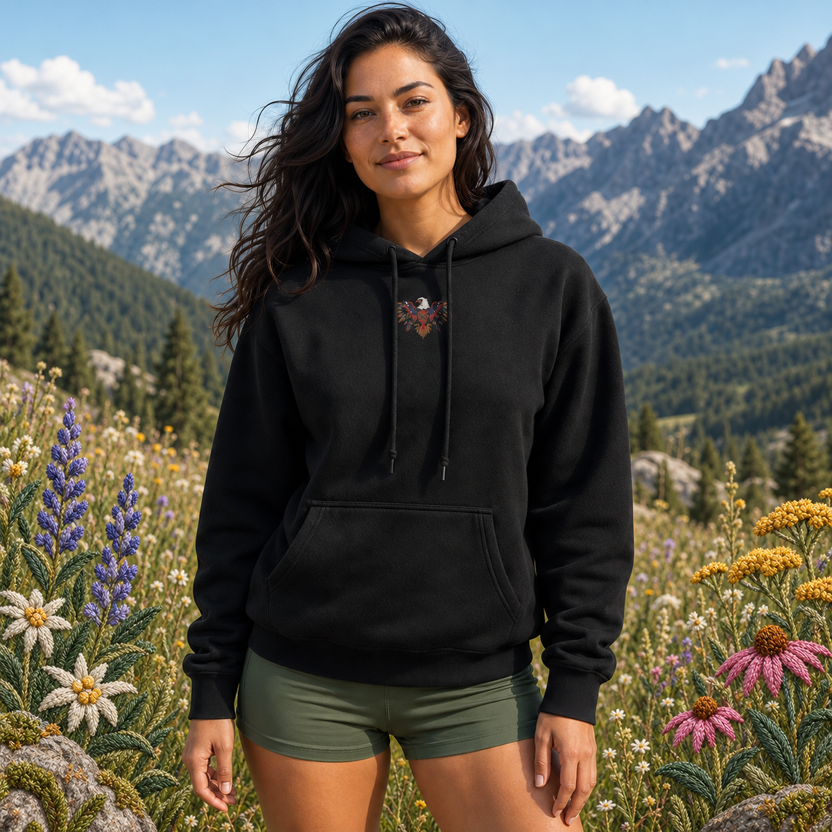Eagle Hoodie – Vision, Strength & Freedom in Black – Bright Future product image — realistic model in an embroidered nature scene.
