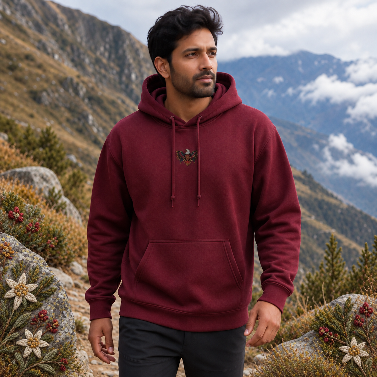 Eagle Hoodie – Vision, Strength & Freedom in Maroon – Bright Future product image — realistic model in an embroidered nature scene.