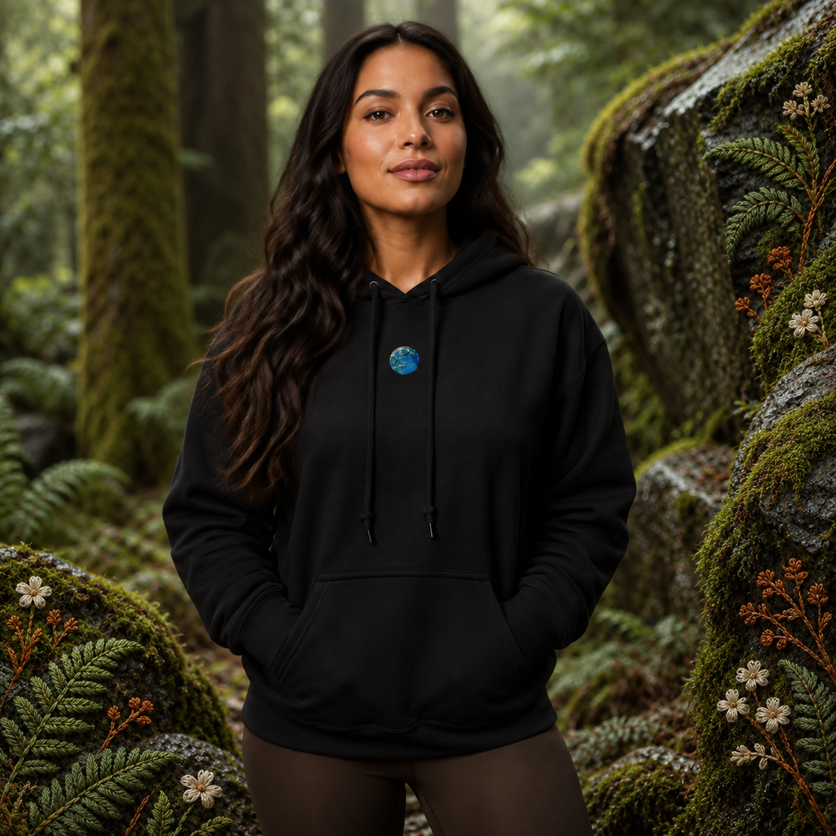 Earth Planet Hoodie in Black β Bright Future product image β realistic model in an embroidered nature scene.