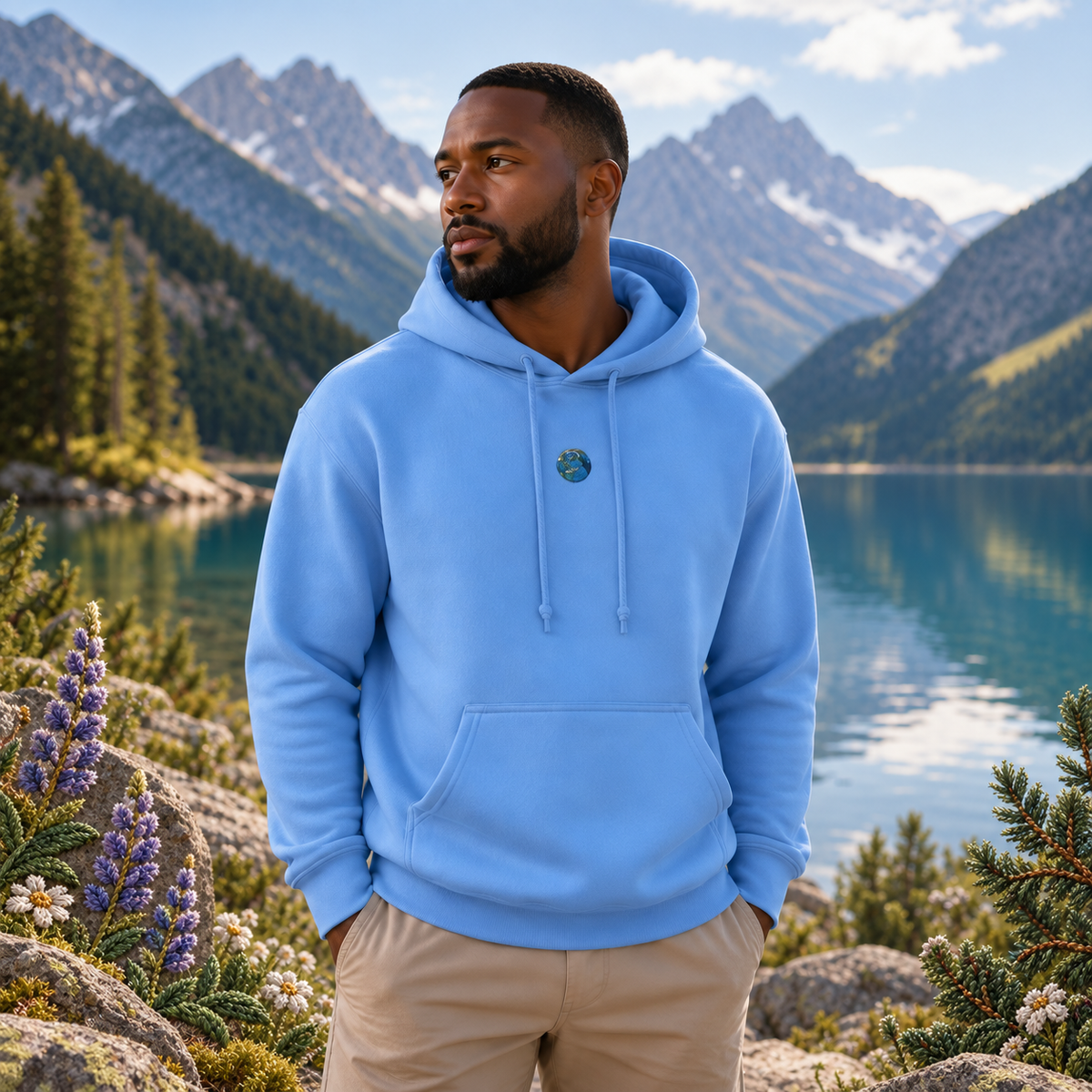 Earth Planet Hoodie in Carolina Blue β Bright Future product image β realistic model in an embroidered nature scene.