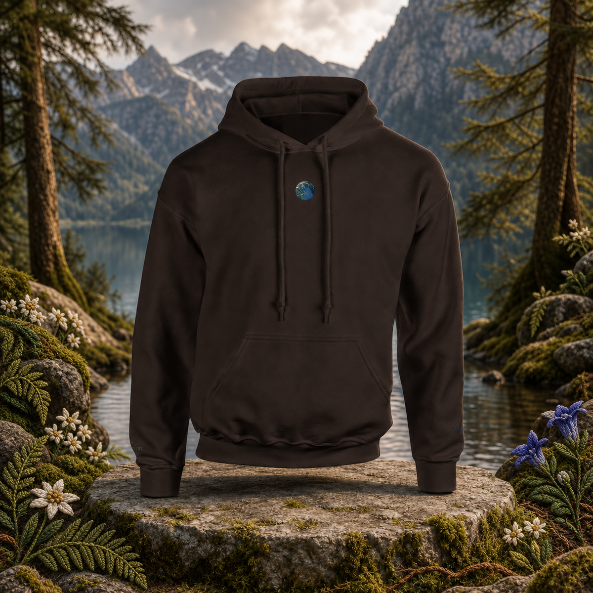 Earth Planet Hoodie in Dark Chocolate β Bright Future product image β original product in a realistic nature scene with embroidered environmental details.