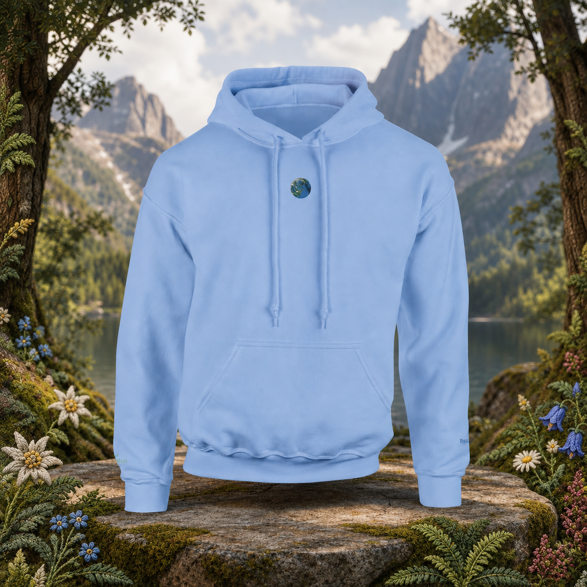 Earth Planet Hoodie in Light Blue β Bright Future product image β original product in a realistic nature scene with embroidered environmental details.