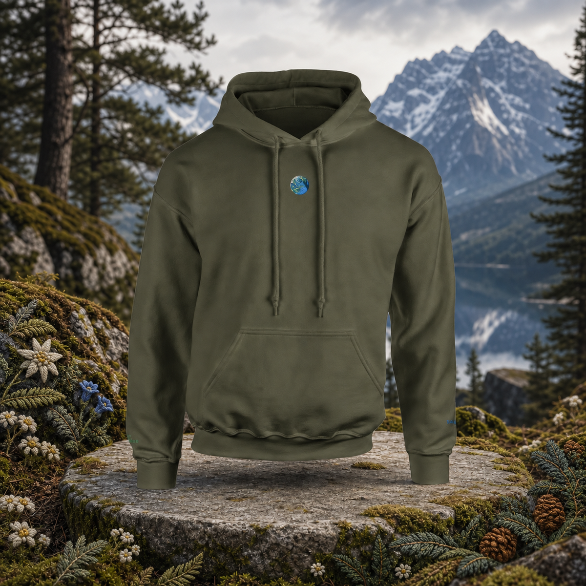 Earth Planet Hoodie in Military Green β Bright Future product image β original product in a realistic nature scene with embroidered environmental details.