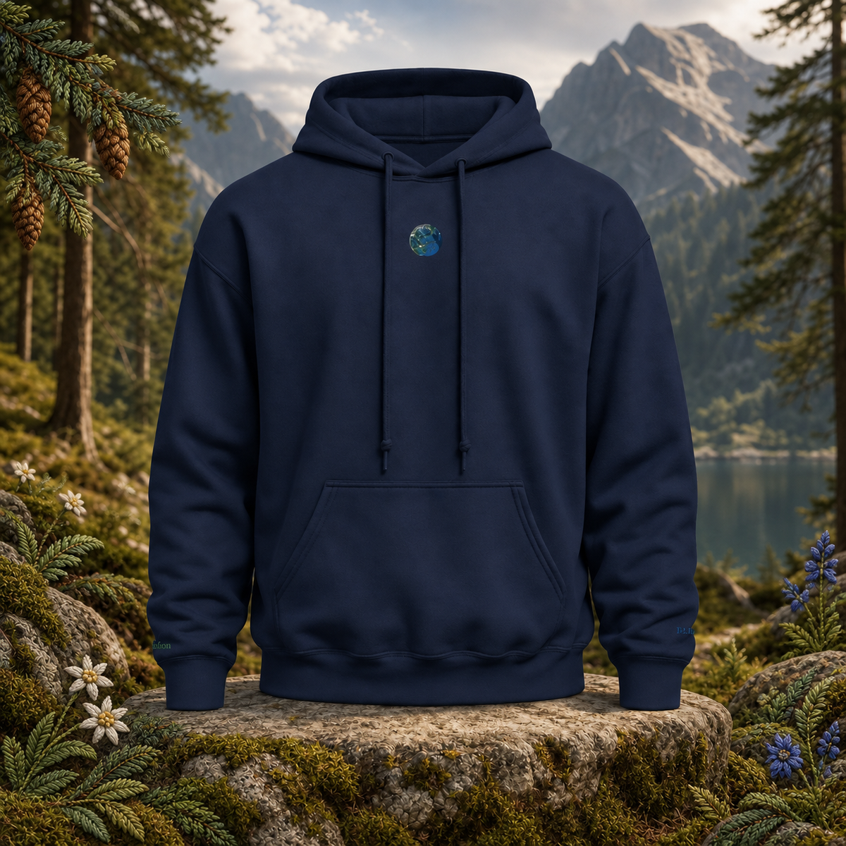 Earth Planet Hoodie in Navy β Bright Future product image β original product in a realistic nature scene with embroidered environmental details.
