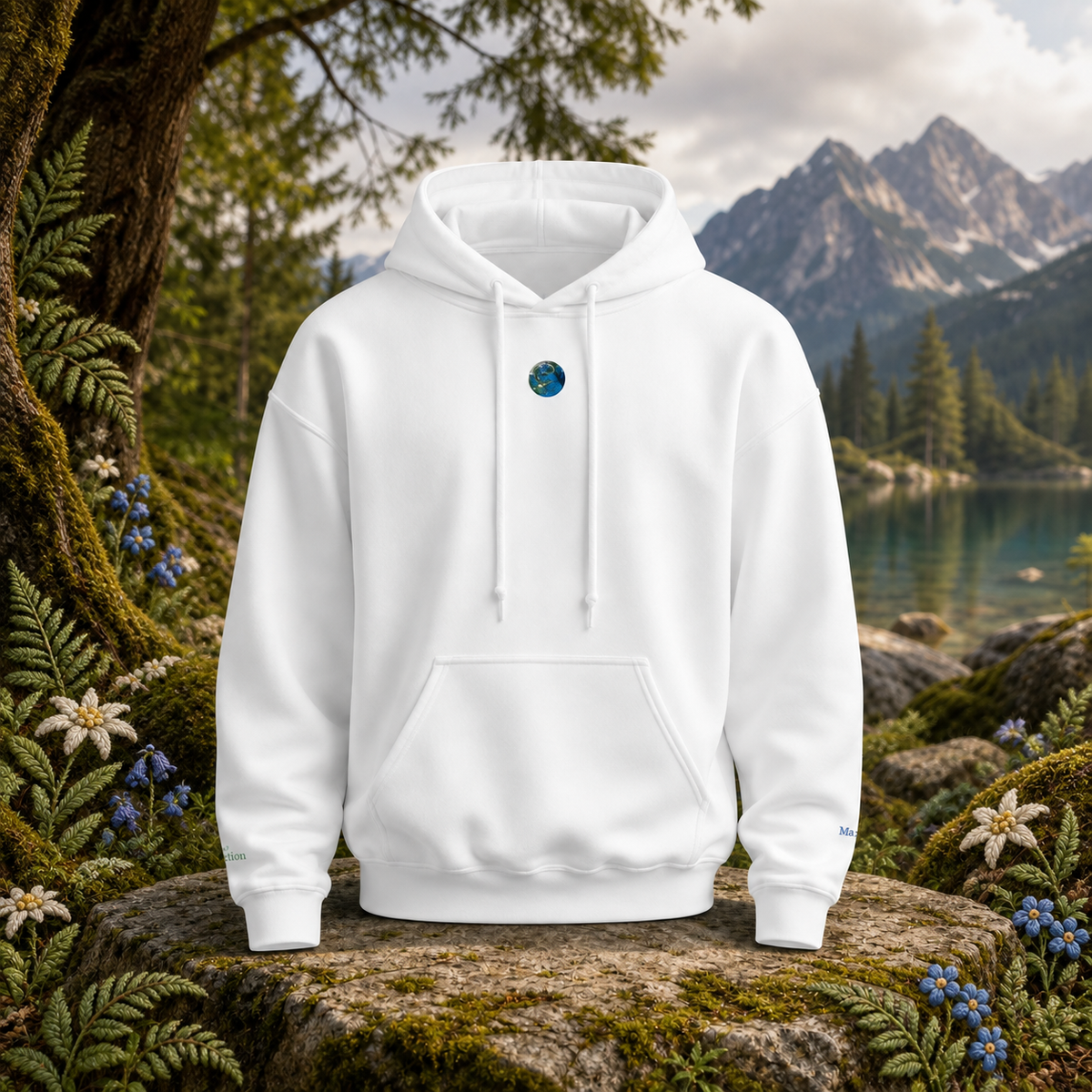 Earth Planet Hoodie in White β Bright Future product image β original product in a realistic nature scene with embroidered environmental details.