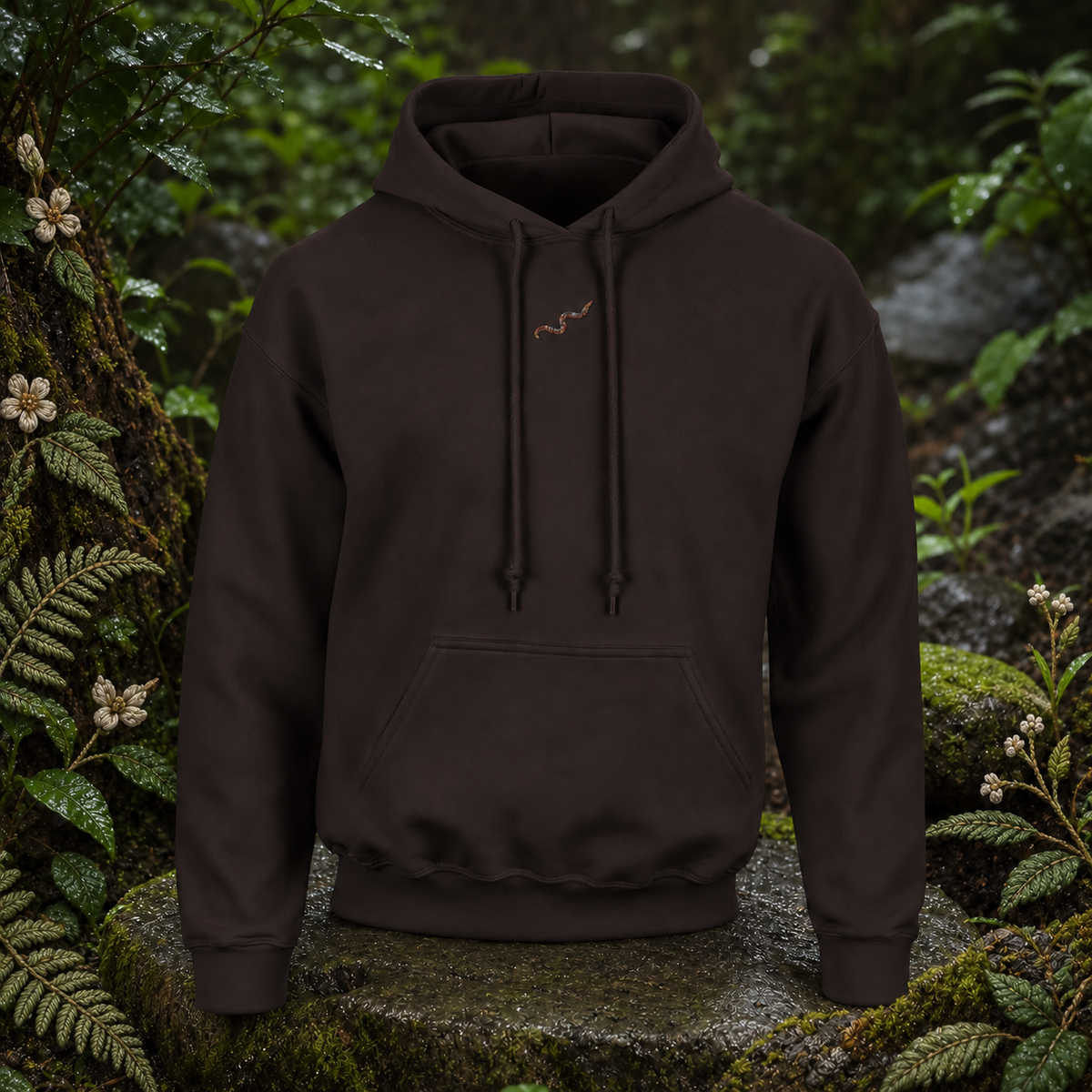 Earthworm Hoodie Hoodie – Growth & Renewal in Dark Chocolate – Bright Future product image — original product in a realistic nature scene with embroidered environmental details.