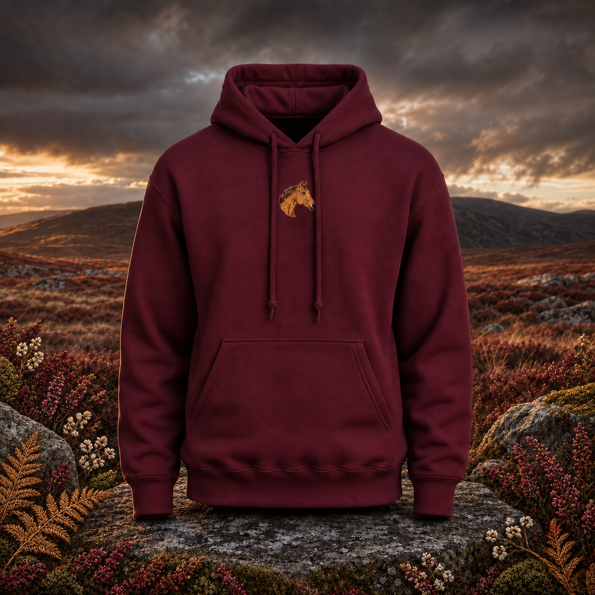 Horse Hoodie – Freedom, Spirit & Strength – Bright Future product image — original product in a realistic nature scene with embroidered environmental details.