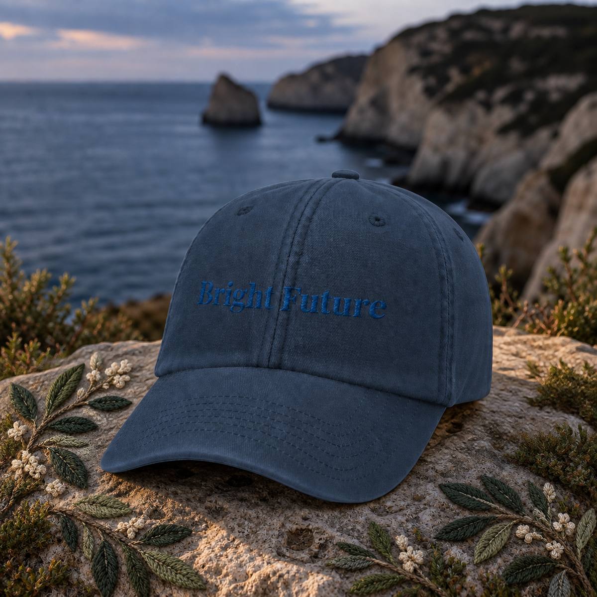 Bright Future Vintage Hat – Bright Future product image — original product in a realistic nature scene with embroidered environmental details.