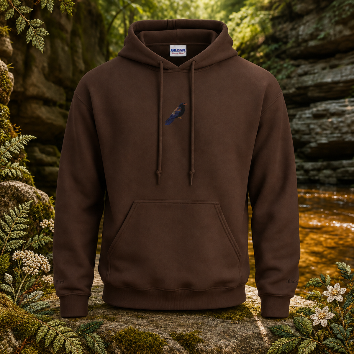 Blackbird Hoodie – Bright Future product image — original product in a realistic nature scene with embroidered environmental details.