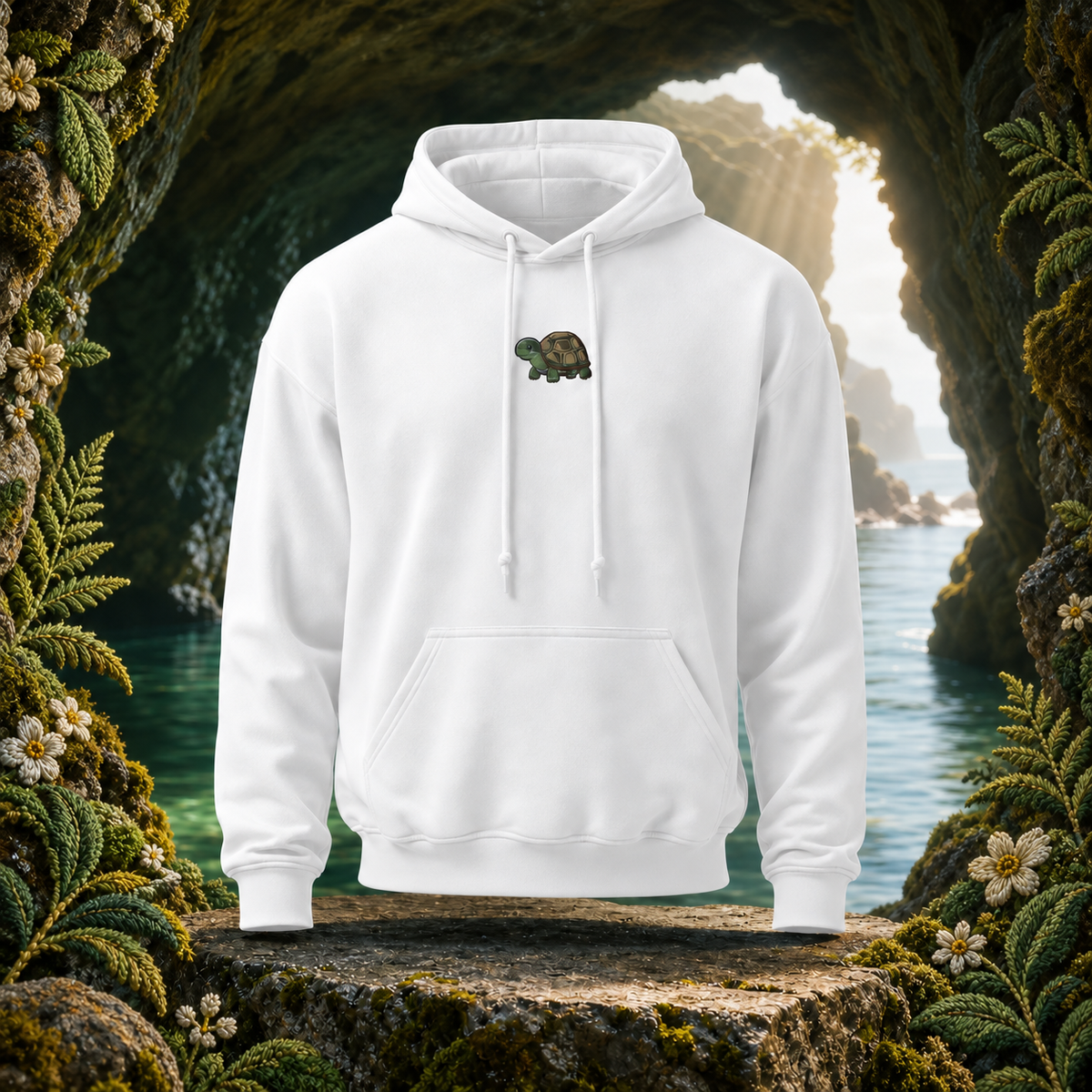 Turtle Hoodie – Bright Future product image — original product in a realistic nature scene with embroidered environmental details.