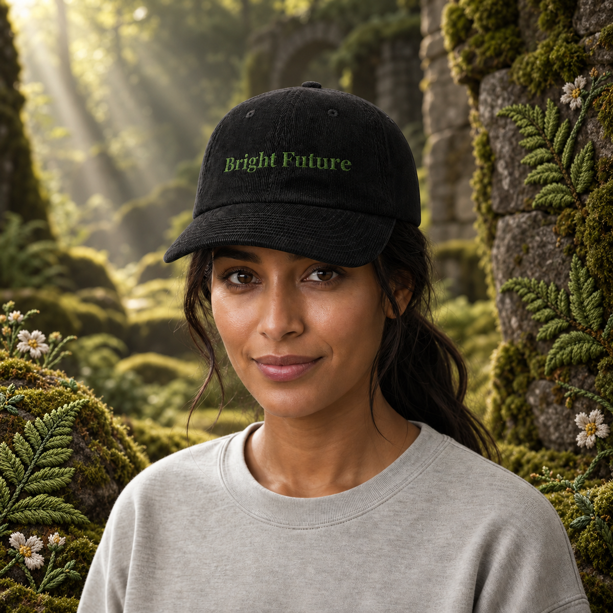 Bright Future Corduroy Hat – Bright Future product image — realistic model in an embroidered nature scene.