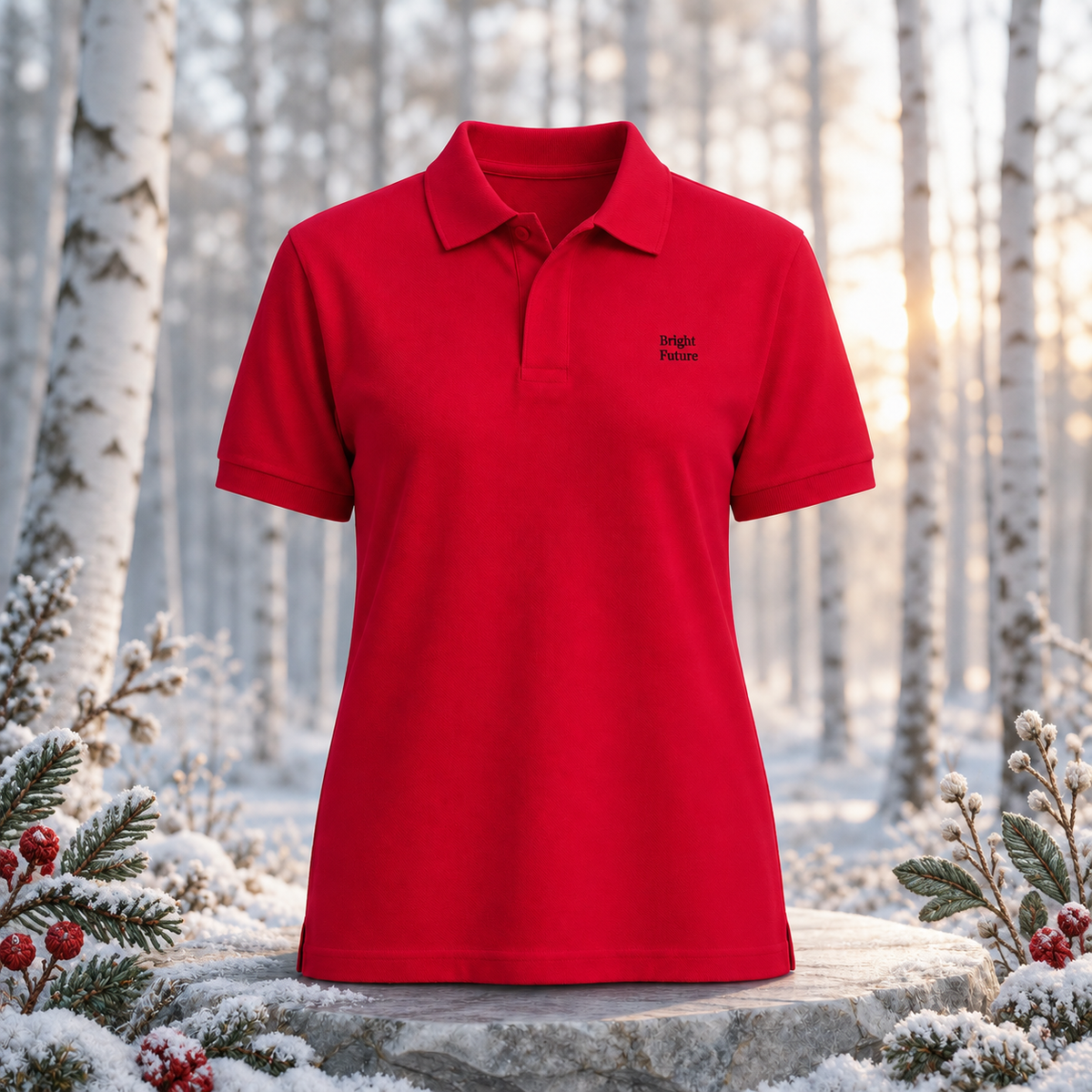 Premium Piqué Polo Shirt – Bright Future product image — original product in a realistic nature scene with embroidered environmental details.