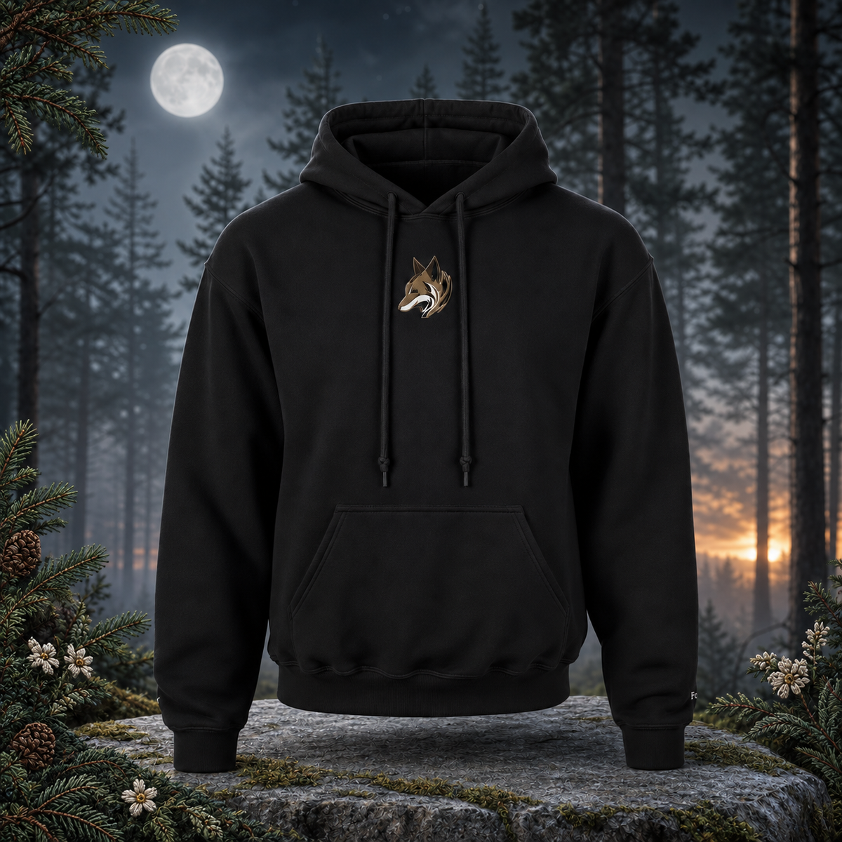 Fox Hoodie – Bright Future product image — original product in a realistic nature scene with embroidered environmental details.