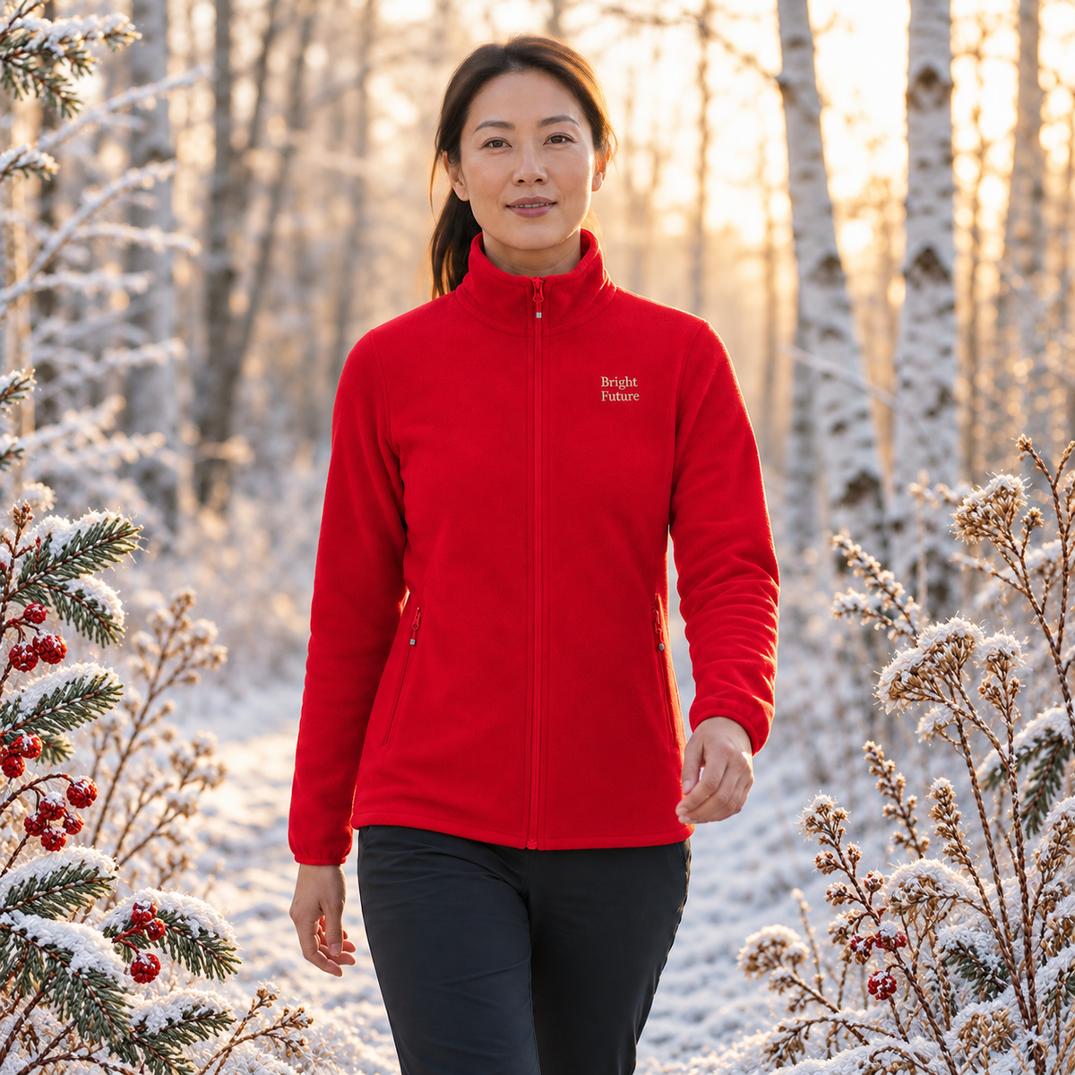 Recycled Microfleece Jacket – Bright Future product image — realistic model in an embroidered nature scene.