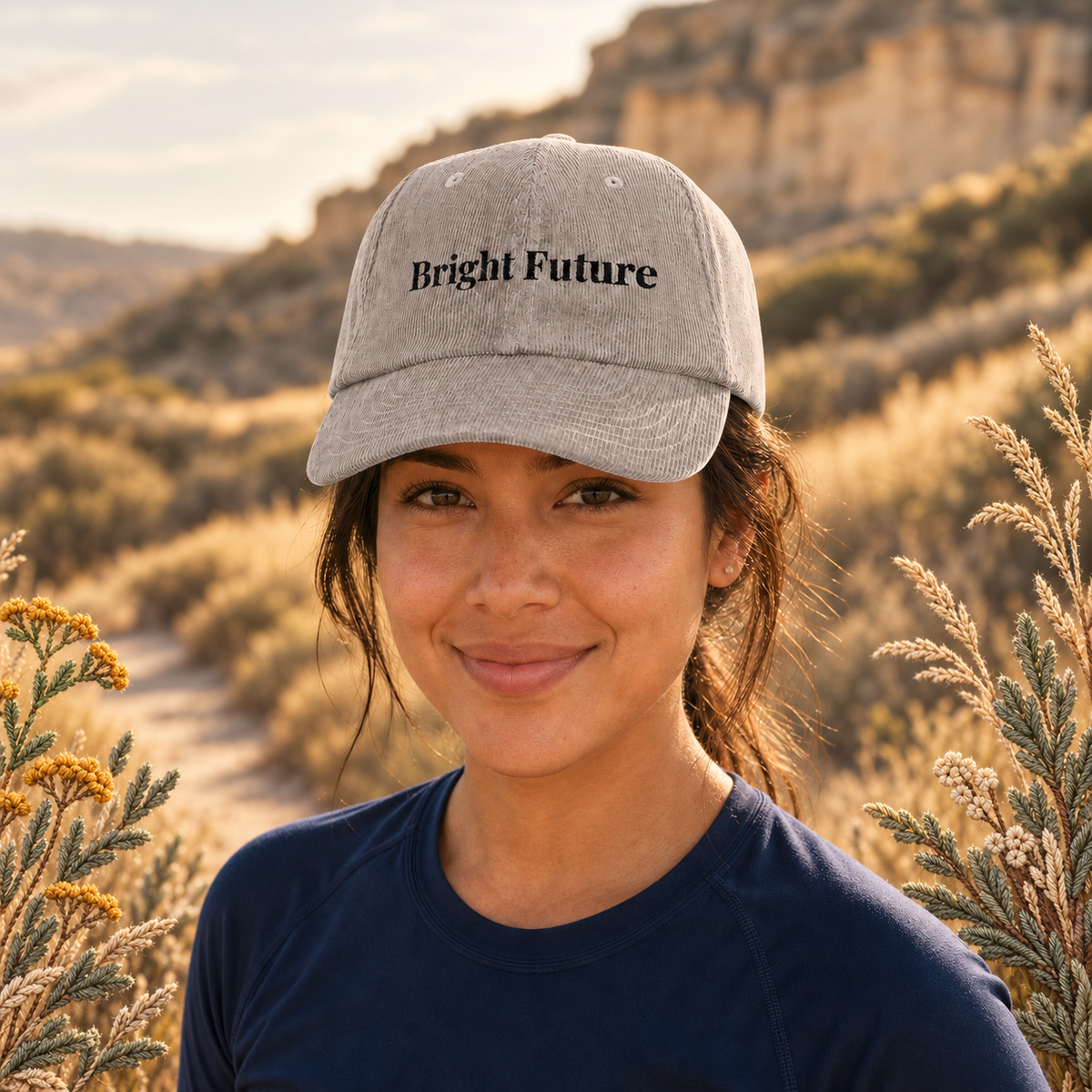 Bright Future Corduroy Hat – Bright Future product image — realistic model in an embroidered nature scene.