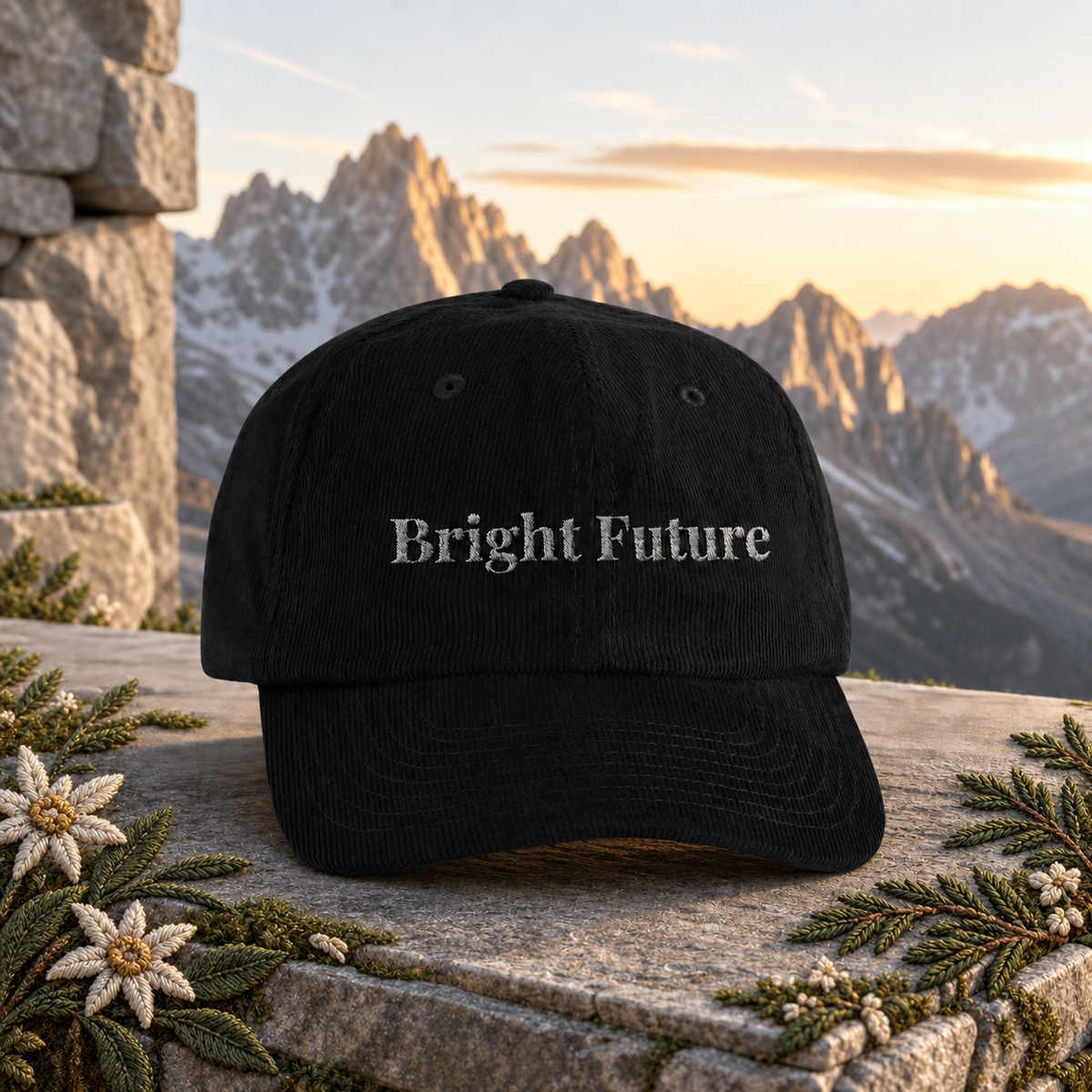 Bright Future Corduroy Hat – Bright Future product image — original product in a realistic nature scene with embroidered environmental details.